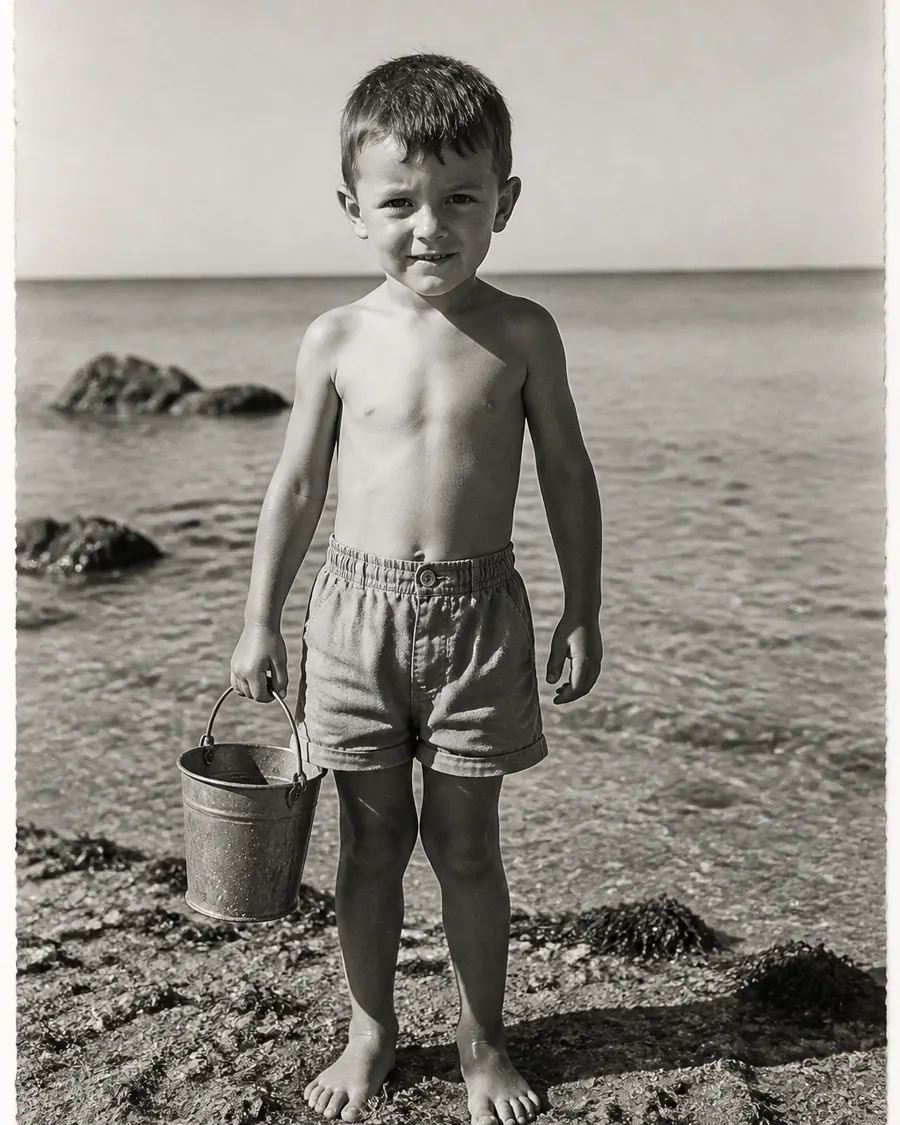 Dezelfde kinderfoto uit 1957, hersteld: de blauwe rand en de vlekken weg, het zand en de zee weer rustig.