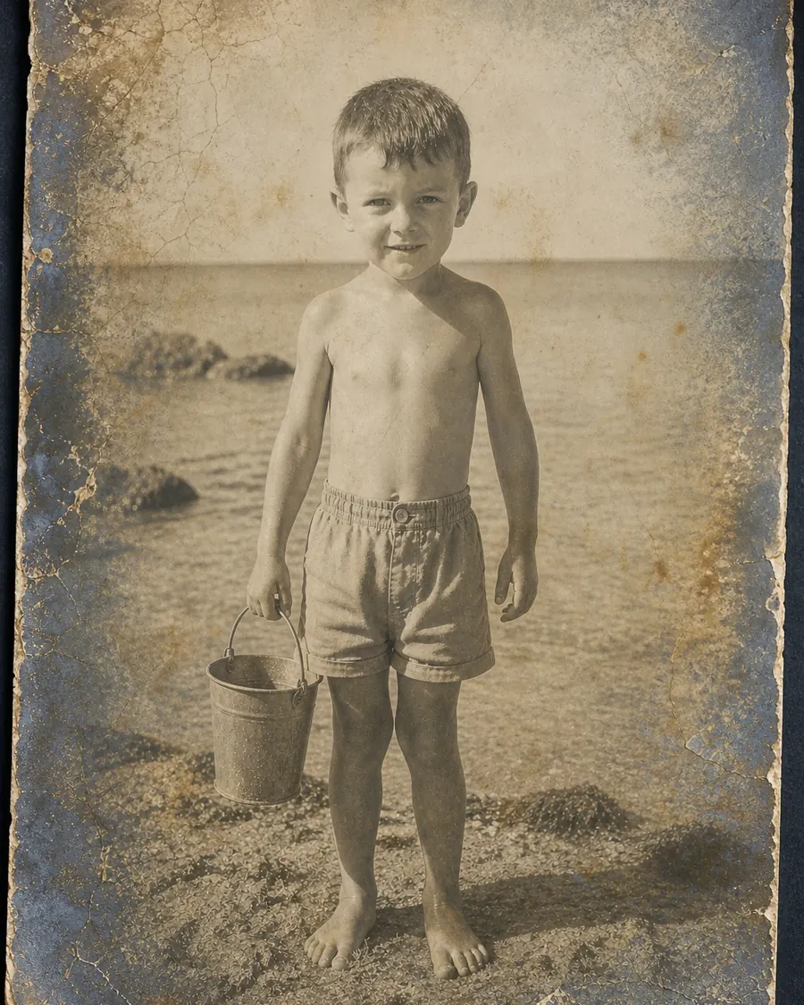 Kinderfoto uit 1957: een jongetje met een emmertje op het strand, de zee achter hem; langs de randen is de afdruk blauw uitgeslagen en vlekkerig.